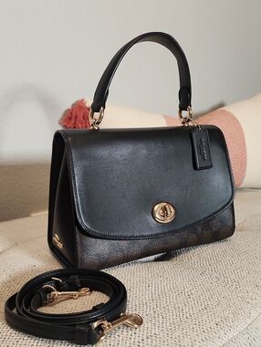 Coach Tilly Top Handle Satchel in Black Leather & Signature Canvas